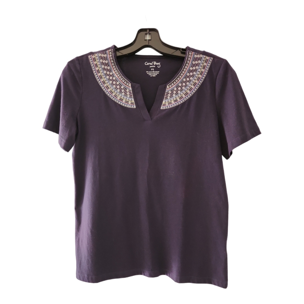 Short Sleeve Top Petite Size PS Blue Split Neckline Coral Bay
